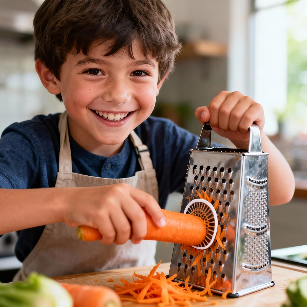 Child confidently using cooking tools