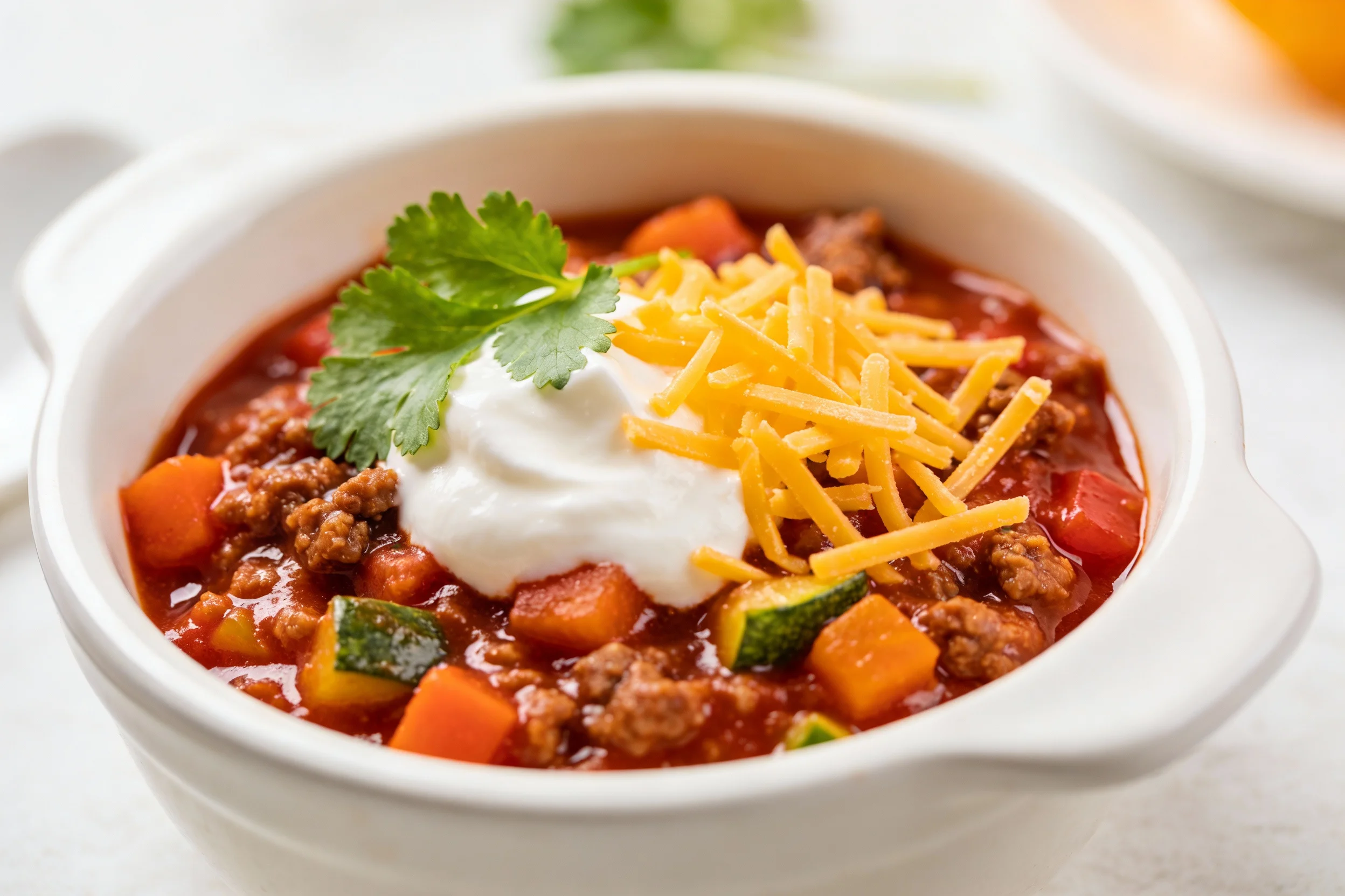 Bowl of kid-friendly chili with hidden veggies