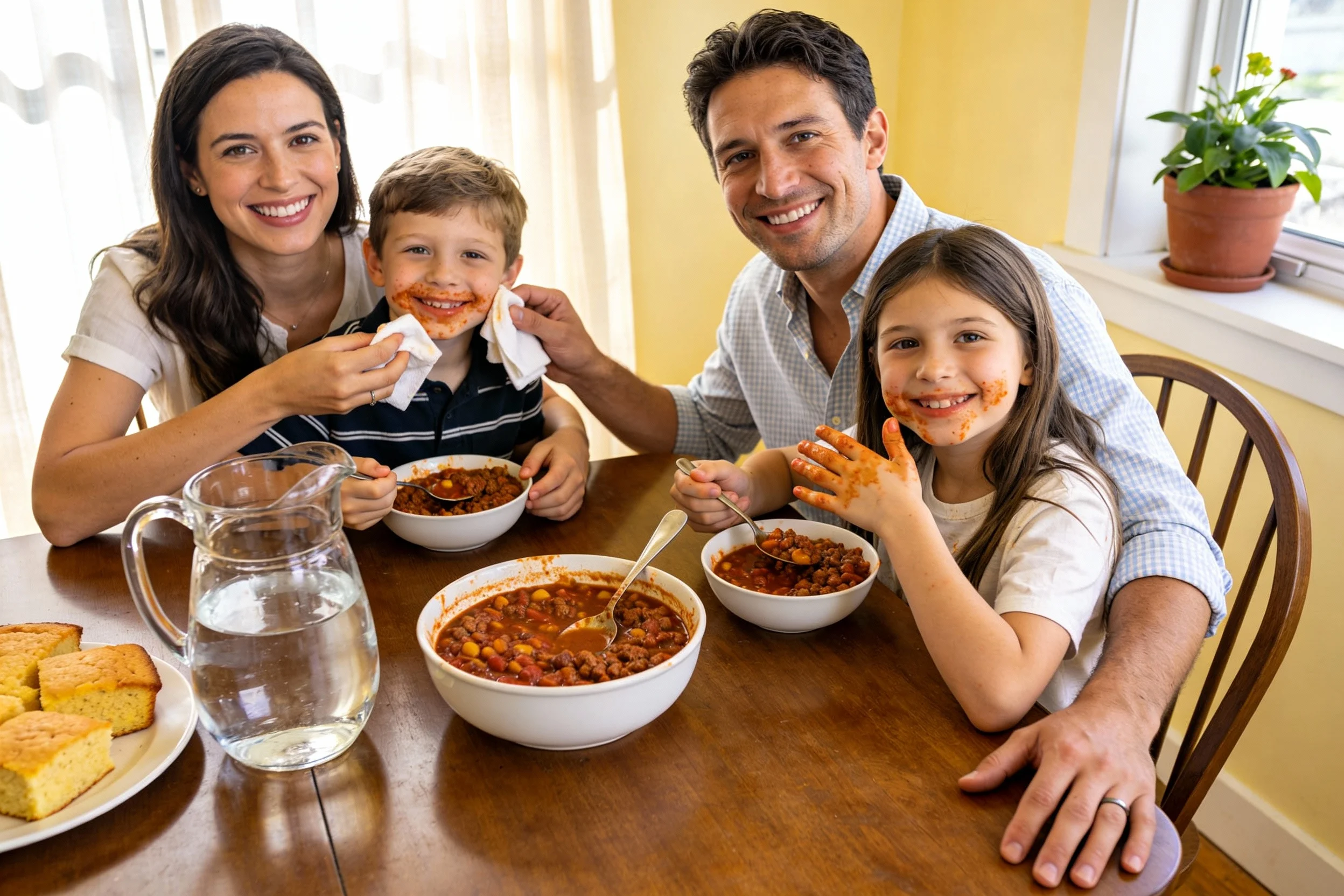 Family enjoying a meal of kid-friendly chili