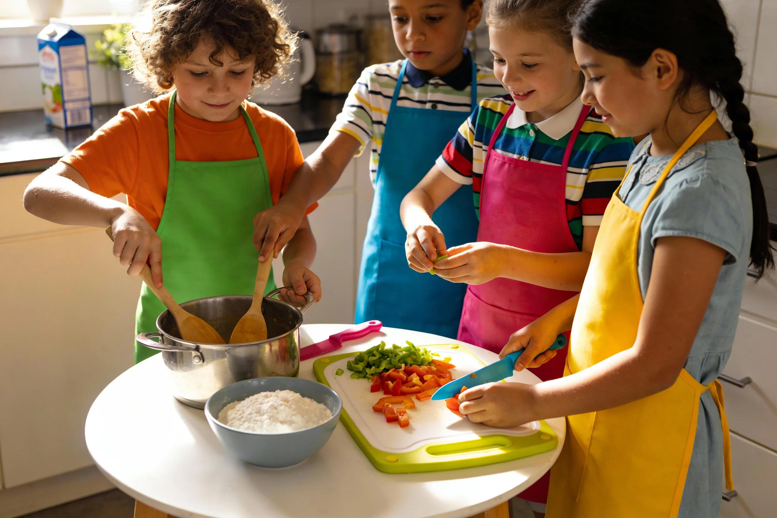 Children learning to cook in a kitchen