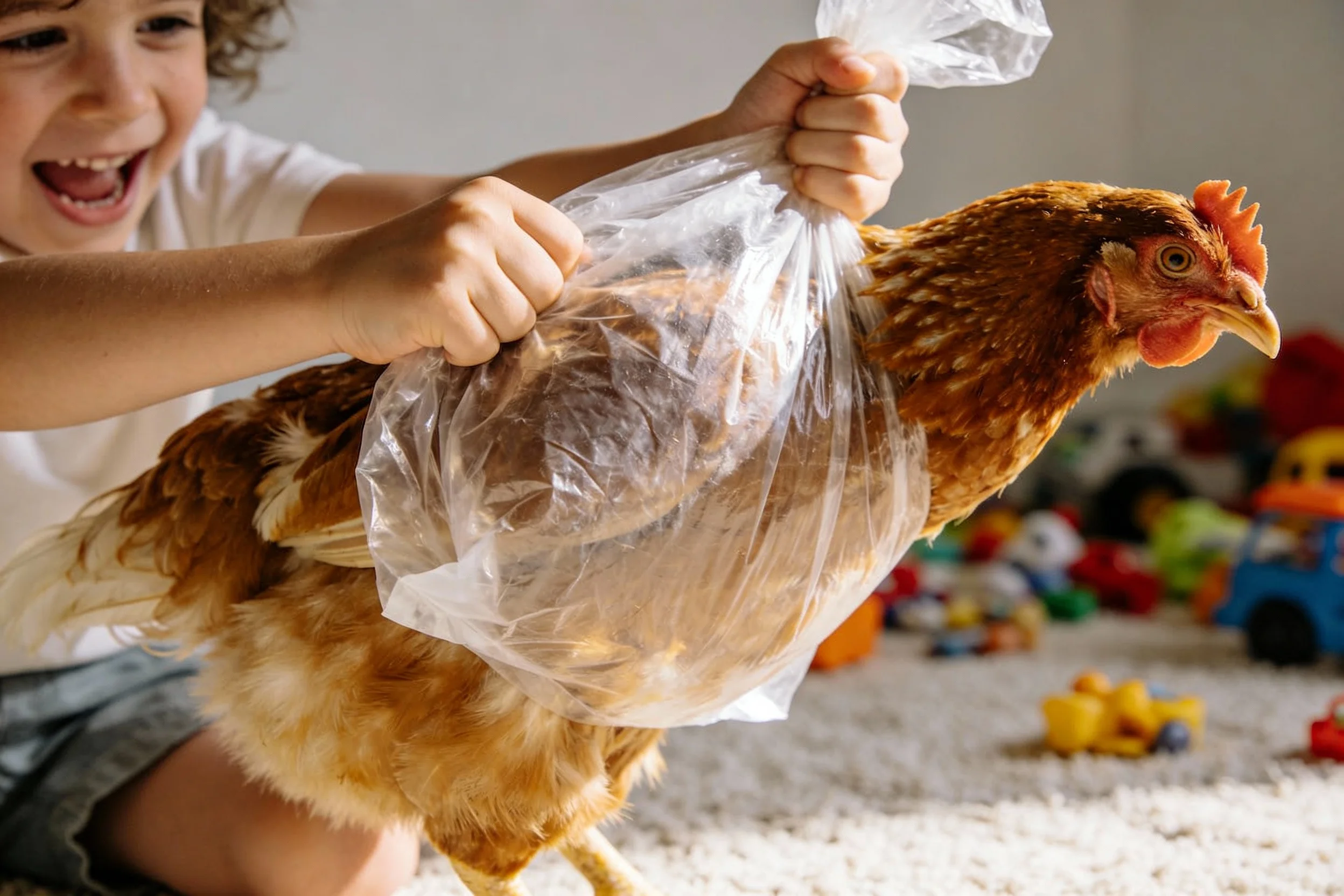 Child shaking chicken in a bag