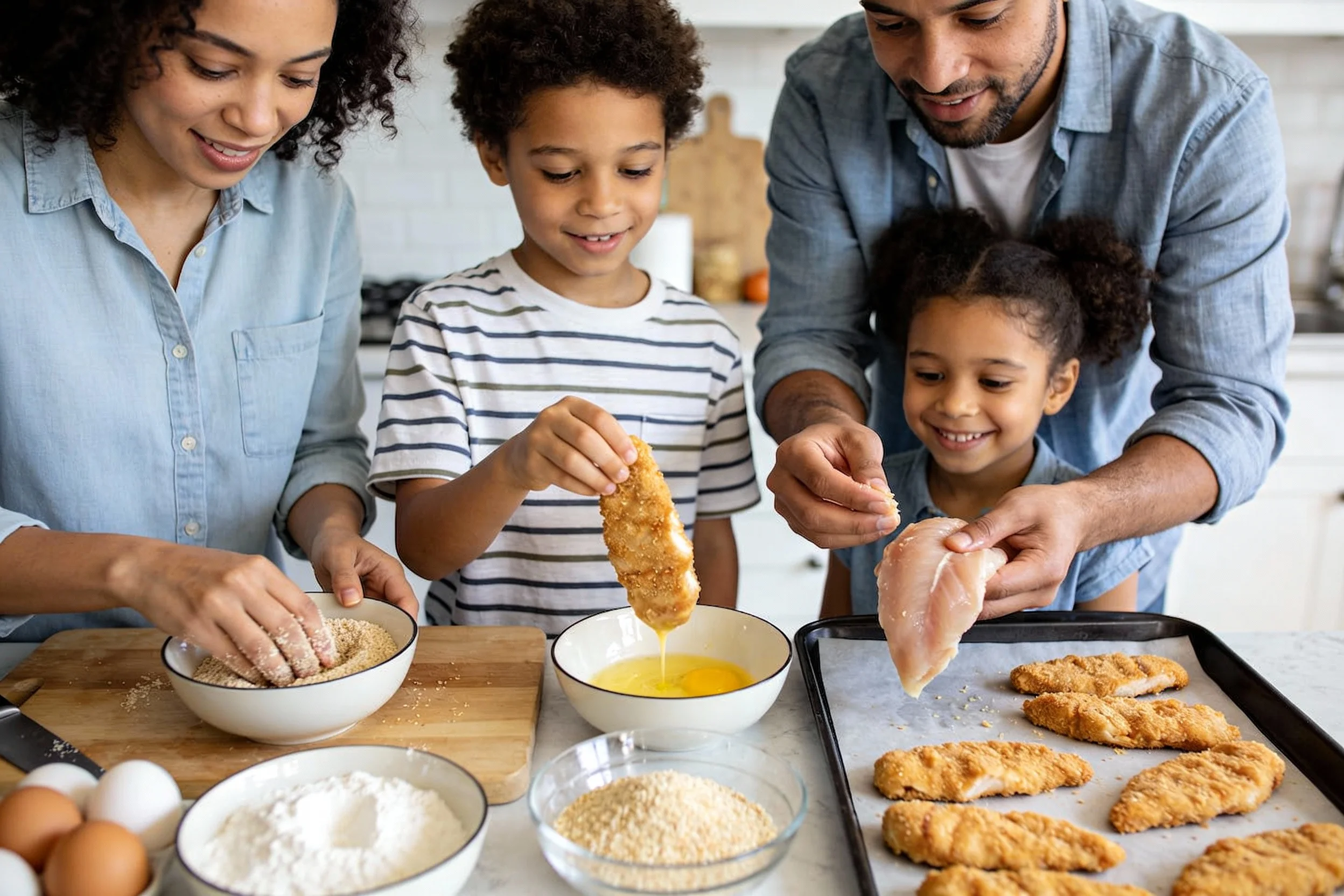 A family preparing chicken tenders together