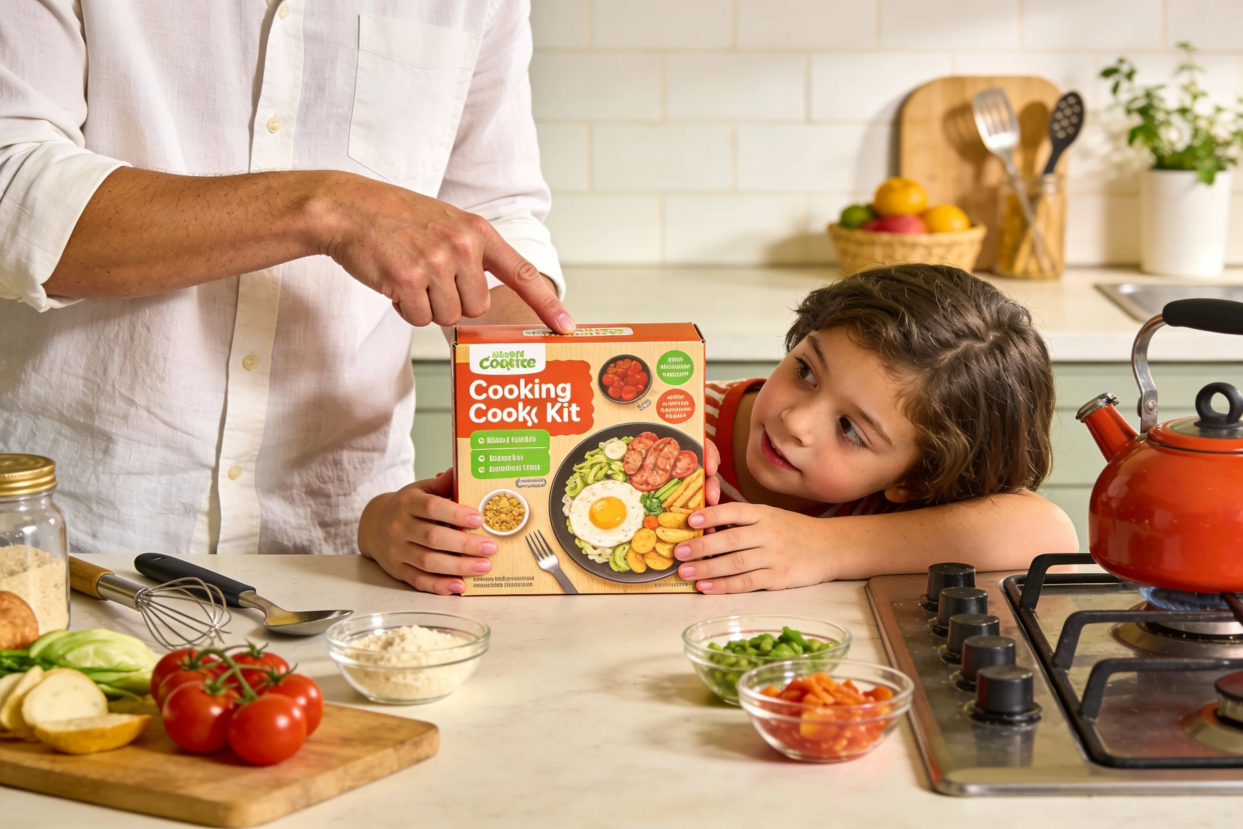 Parent and child choosing a cooking kit