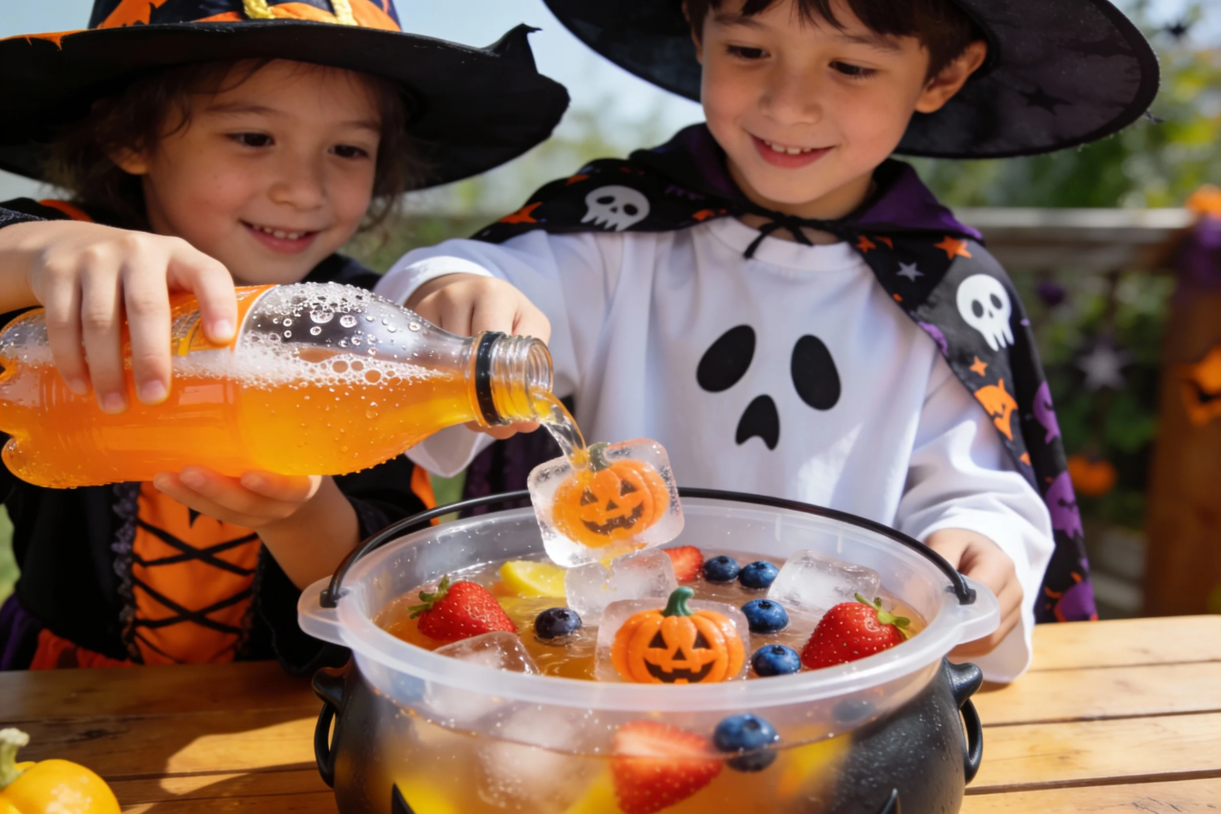 Kids making Halloween punch