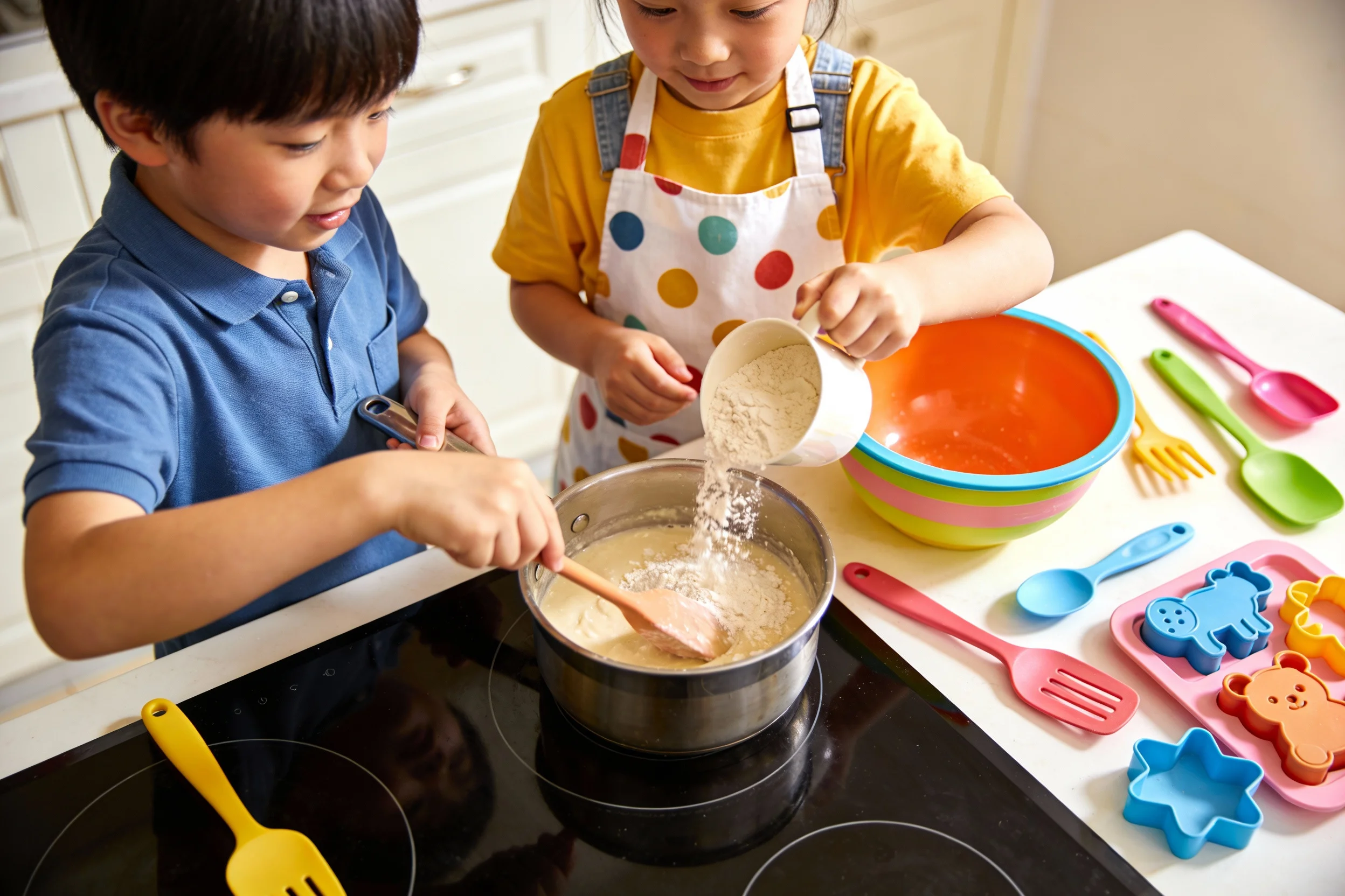 Children cooking in a kitchen with various tools