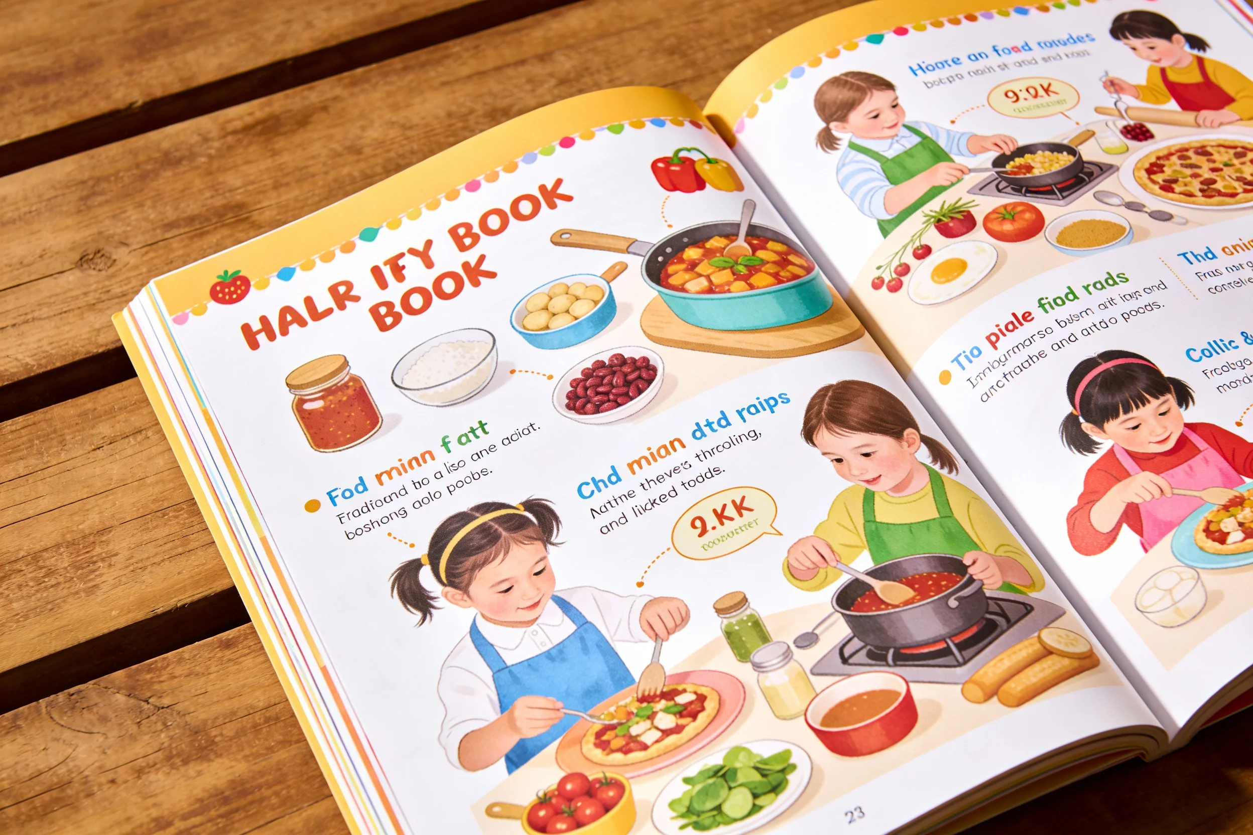 Open children's cookbook with colorful recipes