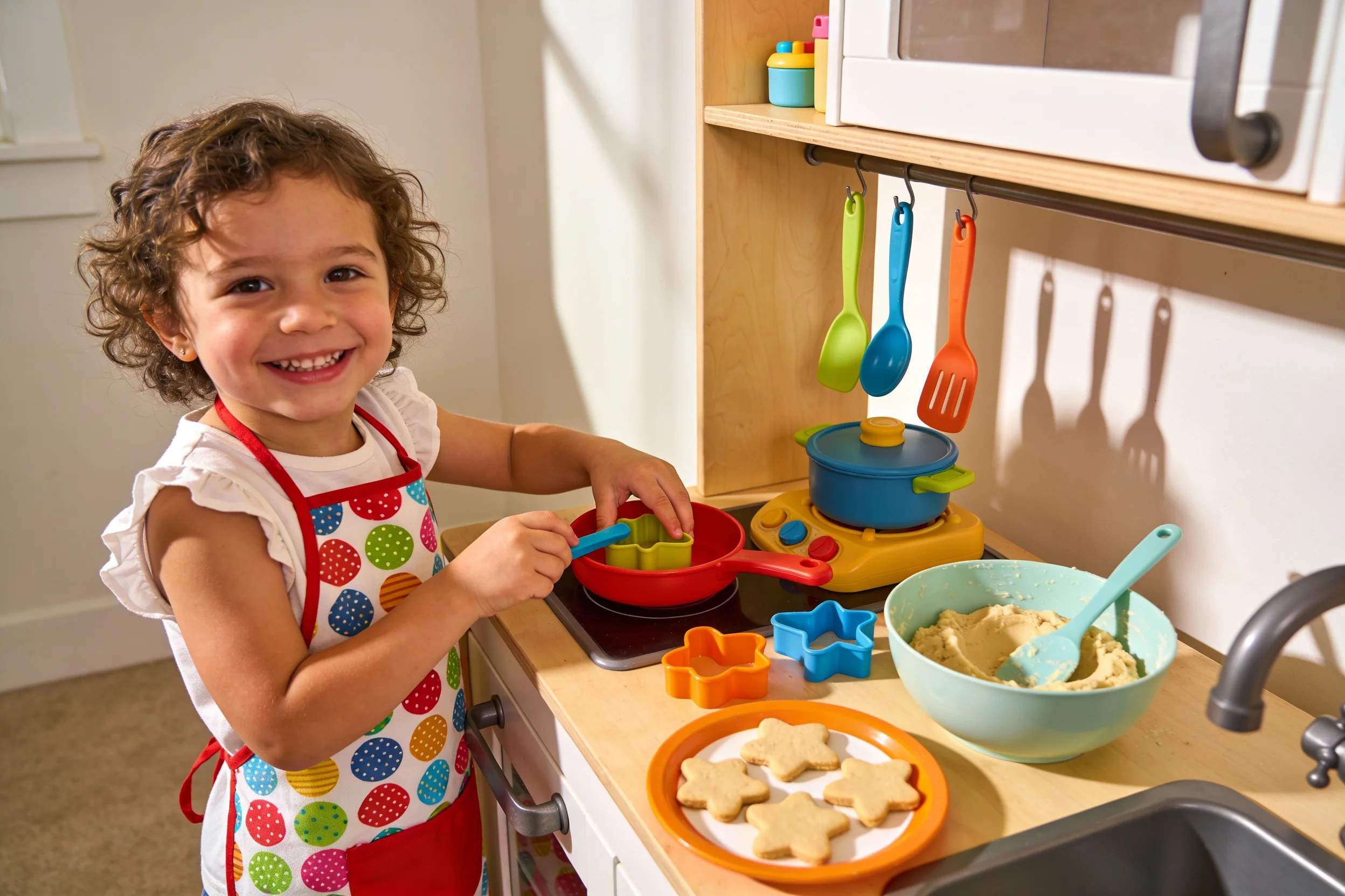 Happy child cooking with a gift set