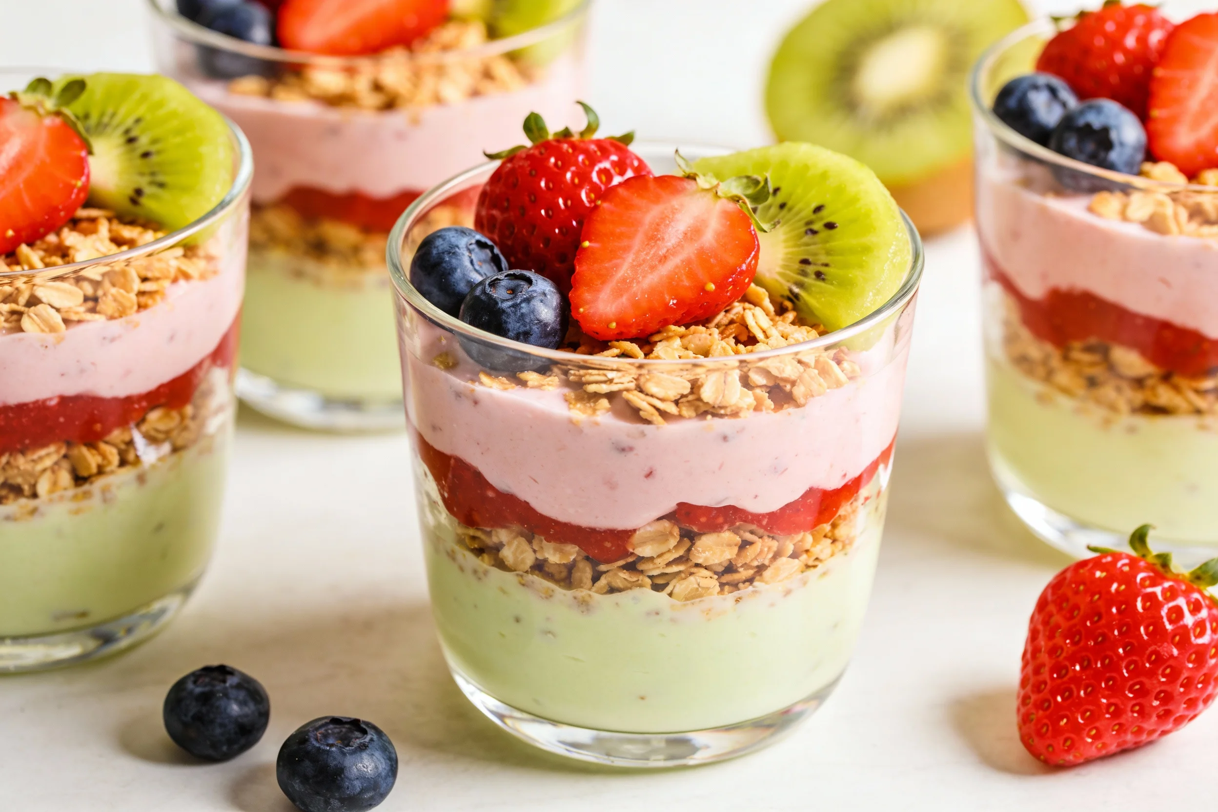 Colorful yogurt parfaits with fruit and granola