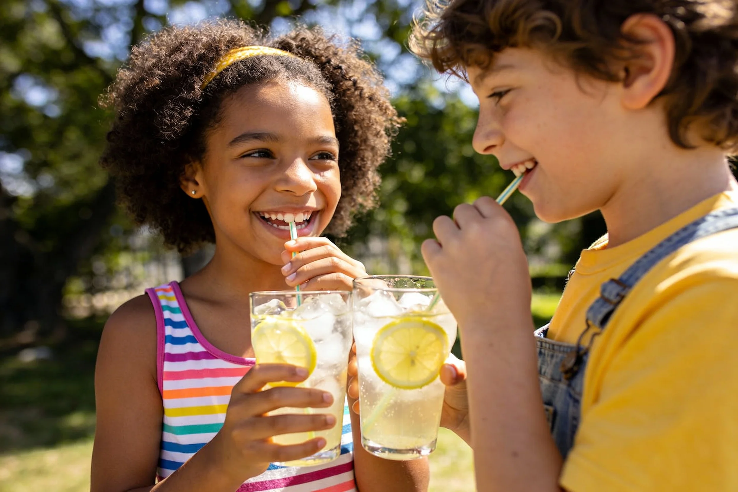 Happy kids enjoying lemonade
